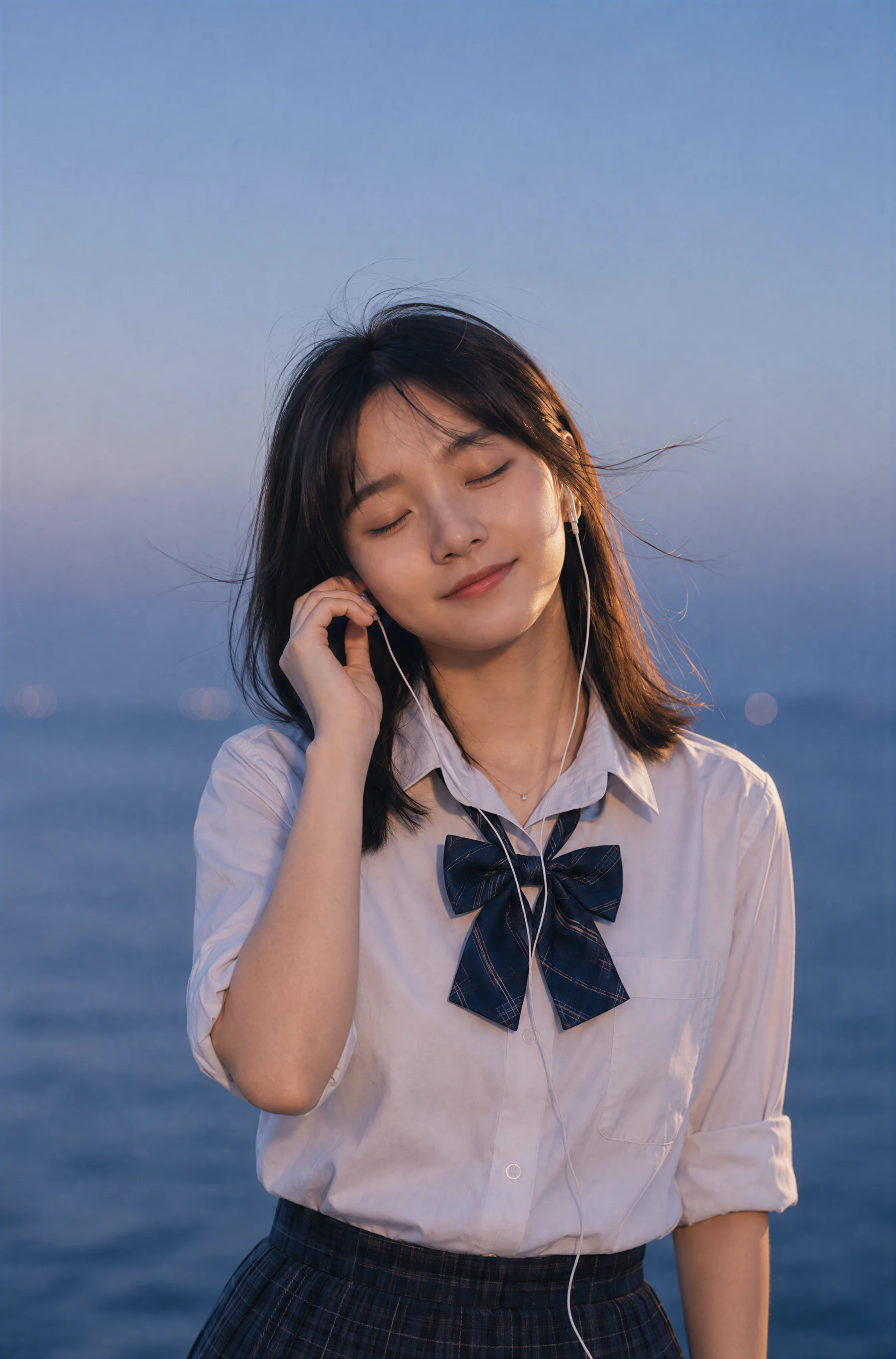 小雨在海边戴着耳机闭眼听音乐
